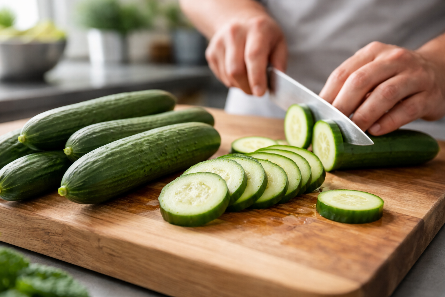 Slicing fresh Persian cucumbers in a kitchen Close-up of Persian cucumber texture showing crisp firm flesh