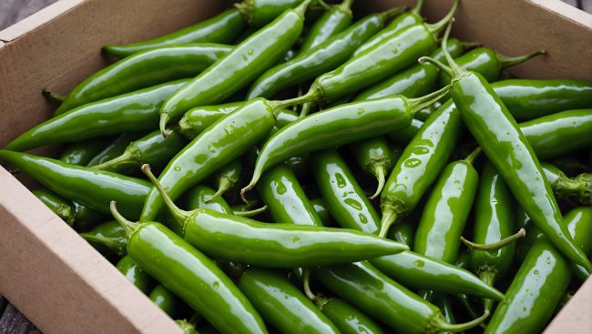 a-box-of-green-chili-peppers-with-morning-dew