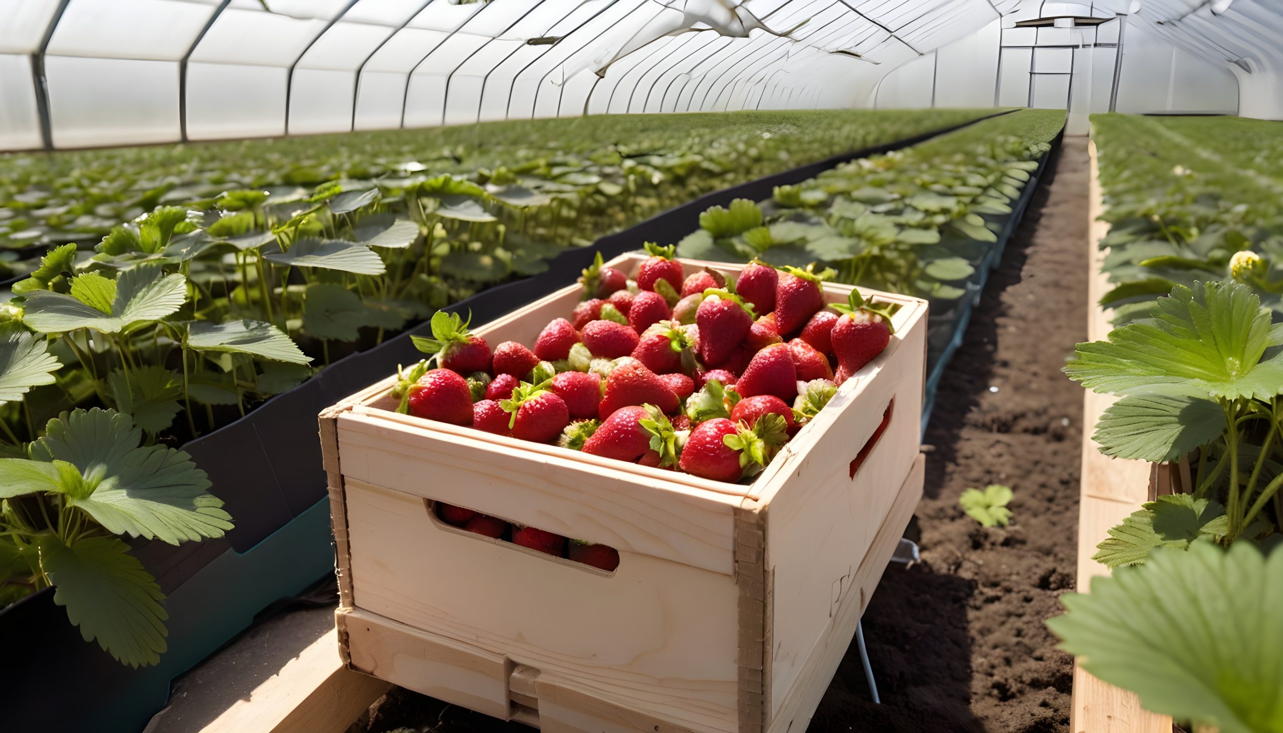 box-of-strawberries-growing-on-a-greenhouse