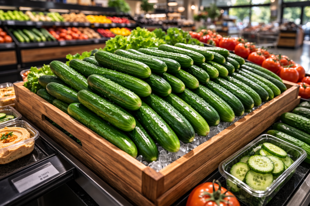 Persian cucumbers retail display in grocery store produce section