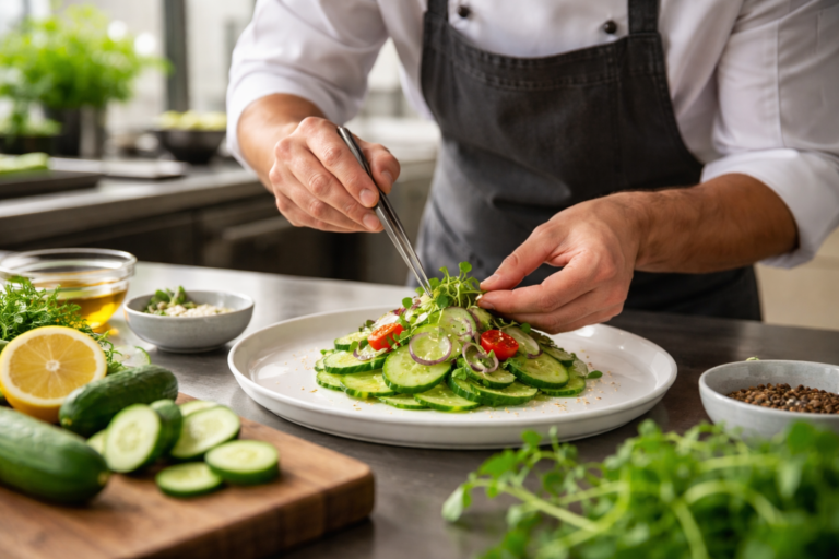 menu engineering cucumbers in fresh gourmet dish preparation