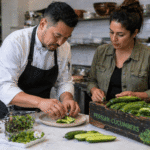 Fresh menu branding built around crisp Persian cucumbers in a restaurant setting