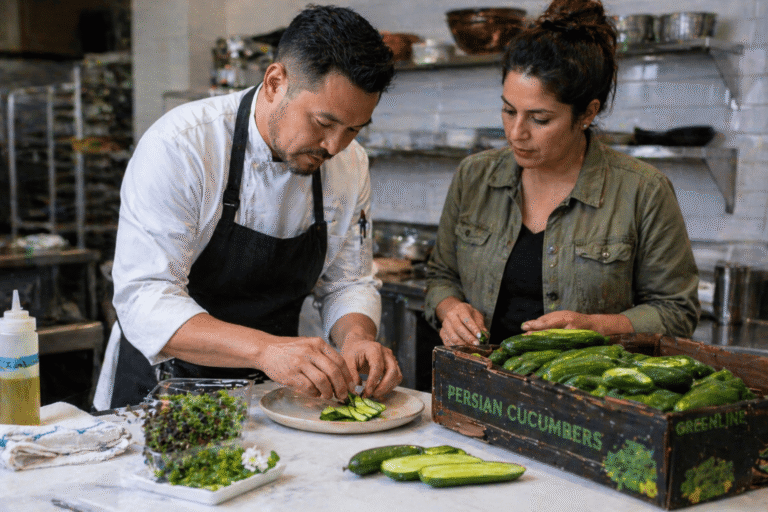 Fresh menu branding built around crisp Persian cucumbers in a restaurant setting