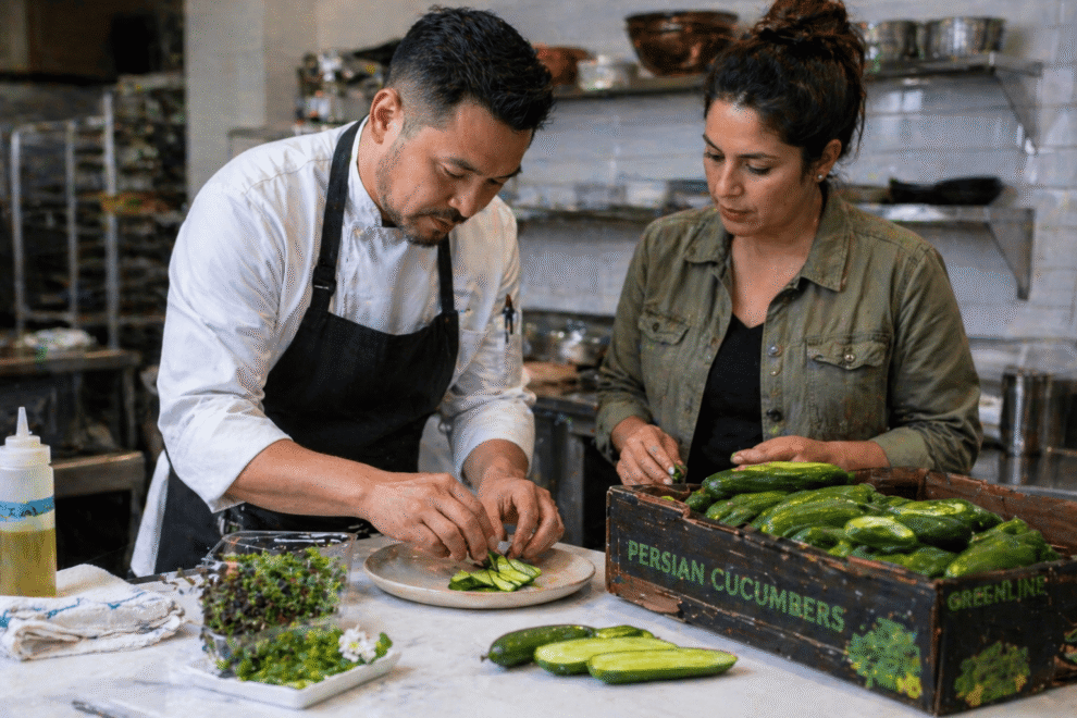 Fresh menu branding built around crisp Persian cucumbers in a restaurant setting