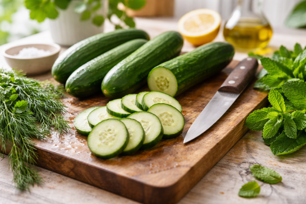 fresh Persian cucumbers menus ingredient sliced with herbs for summer dishes