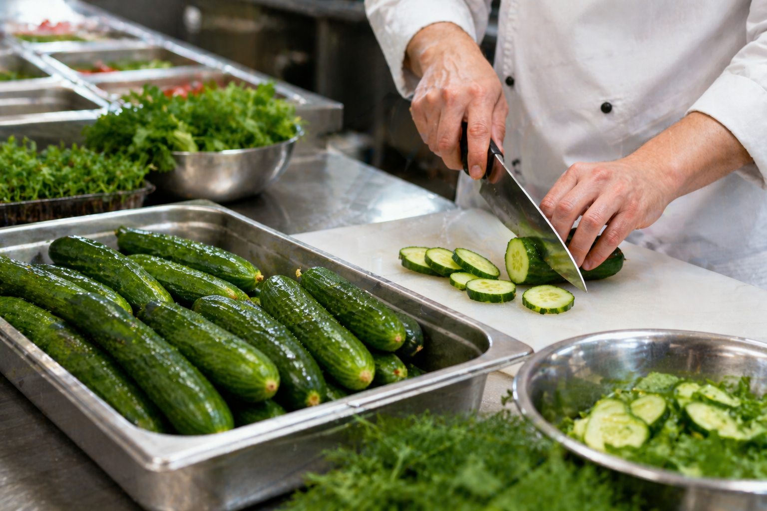 Persian cucumbers foodservice kitchen preparation and slicing