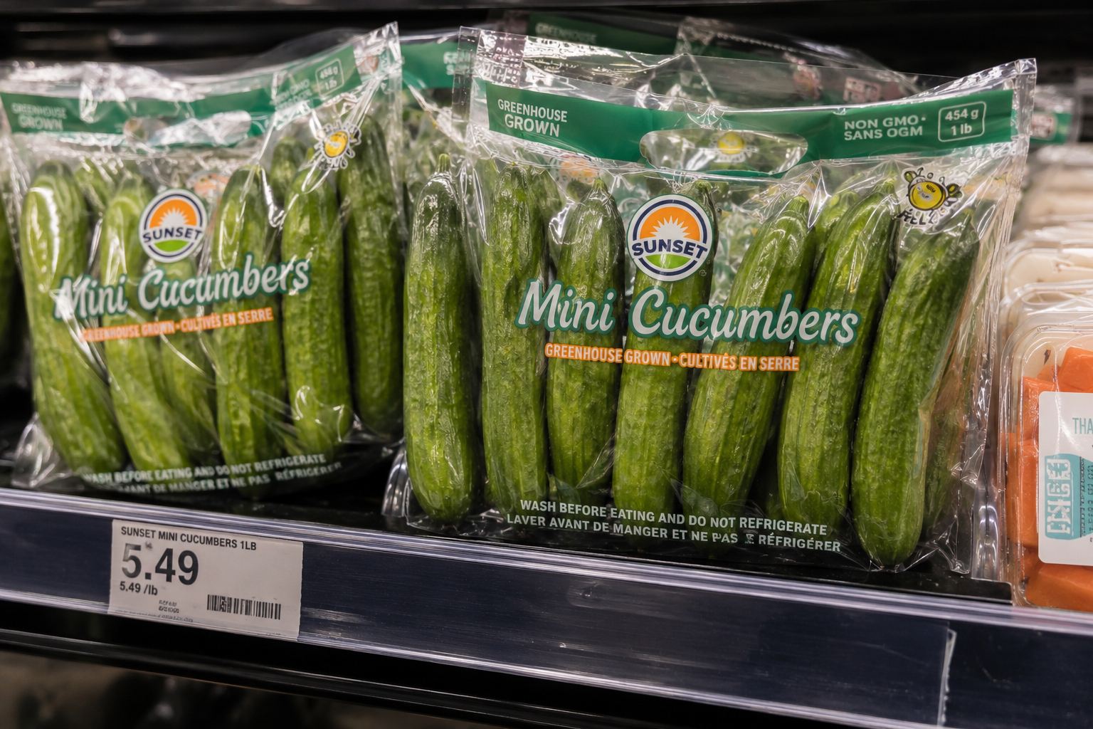 Persian cucumbers displayed in grab-and-go retail foods at a grocery store