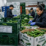 Workers handling bulk Persian cucumbers to maintain freshness and quality