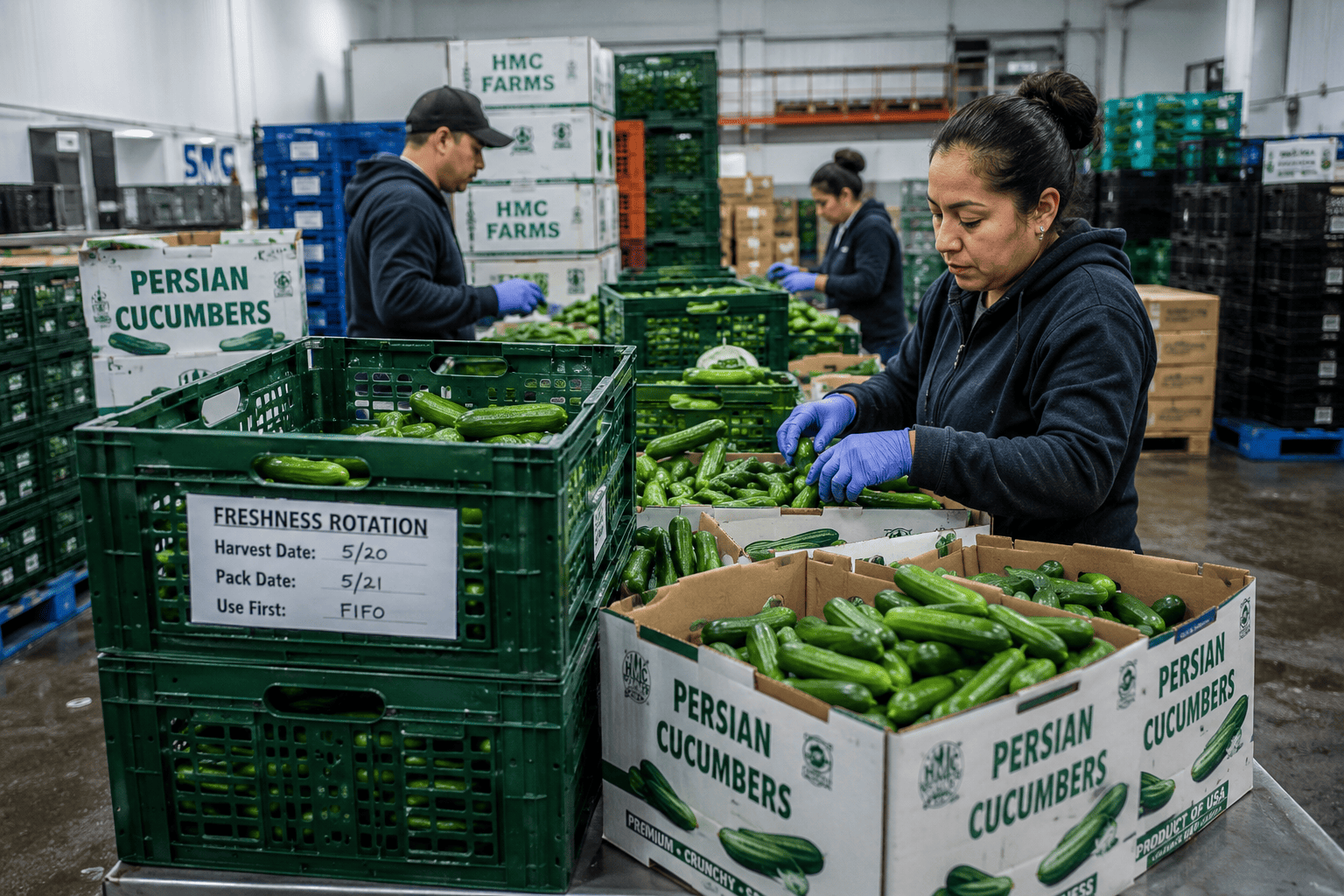 image-Cucumber-sorting-in-a-busy-warehouse Workers handling bulk Persian cucumbers to maintain freshness and quality
