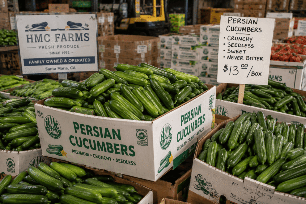 Fresh Persian cucumbers displayed as a staple item in a produce program