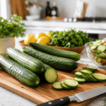 Persian cucumbers in California kitchen prep setting