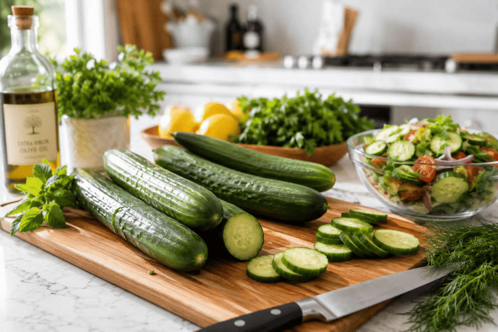 Persian cucumbers in California kitchen prep setting