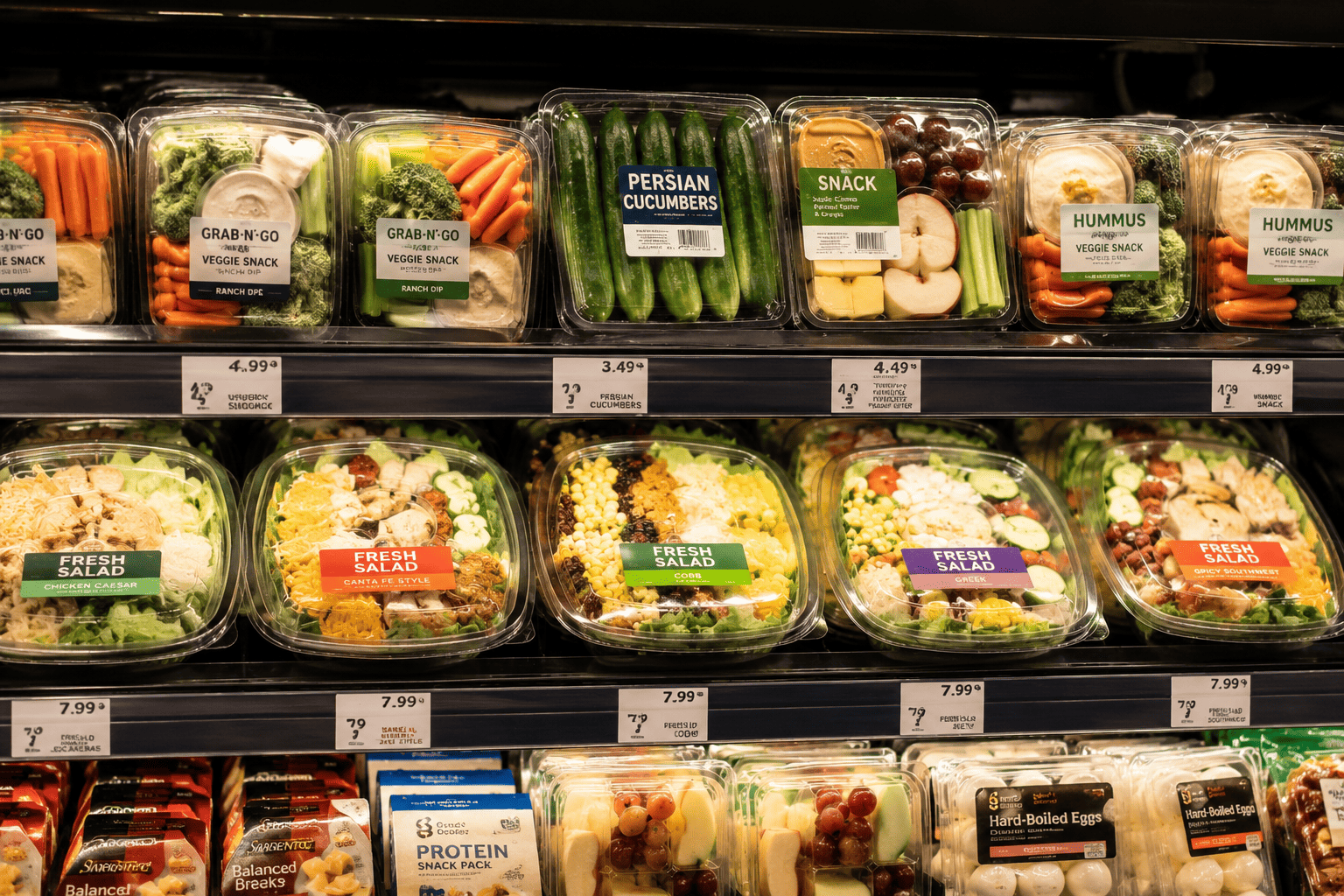 image-Fresh-snacks-and-salads-assortment Persian cucumbers displayed in grab-and-go retail foods at a grocery store