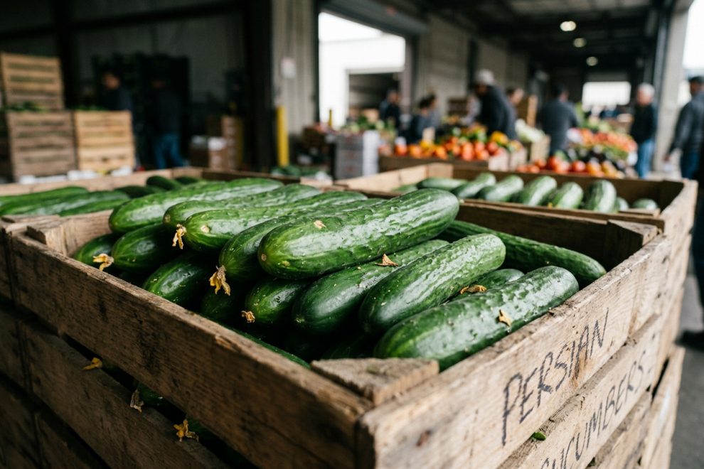 Persian cucumber freshness displayed through firm, vibrant green cucumbers arranged in a produce crate