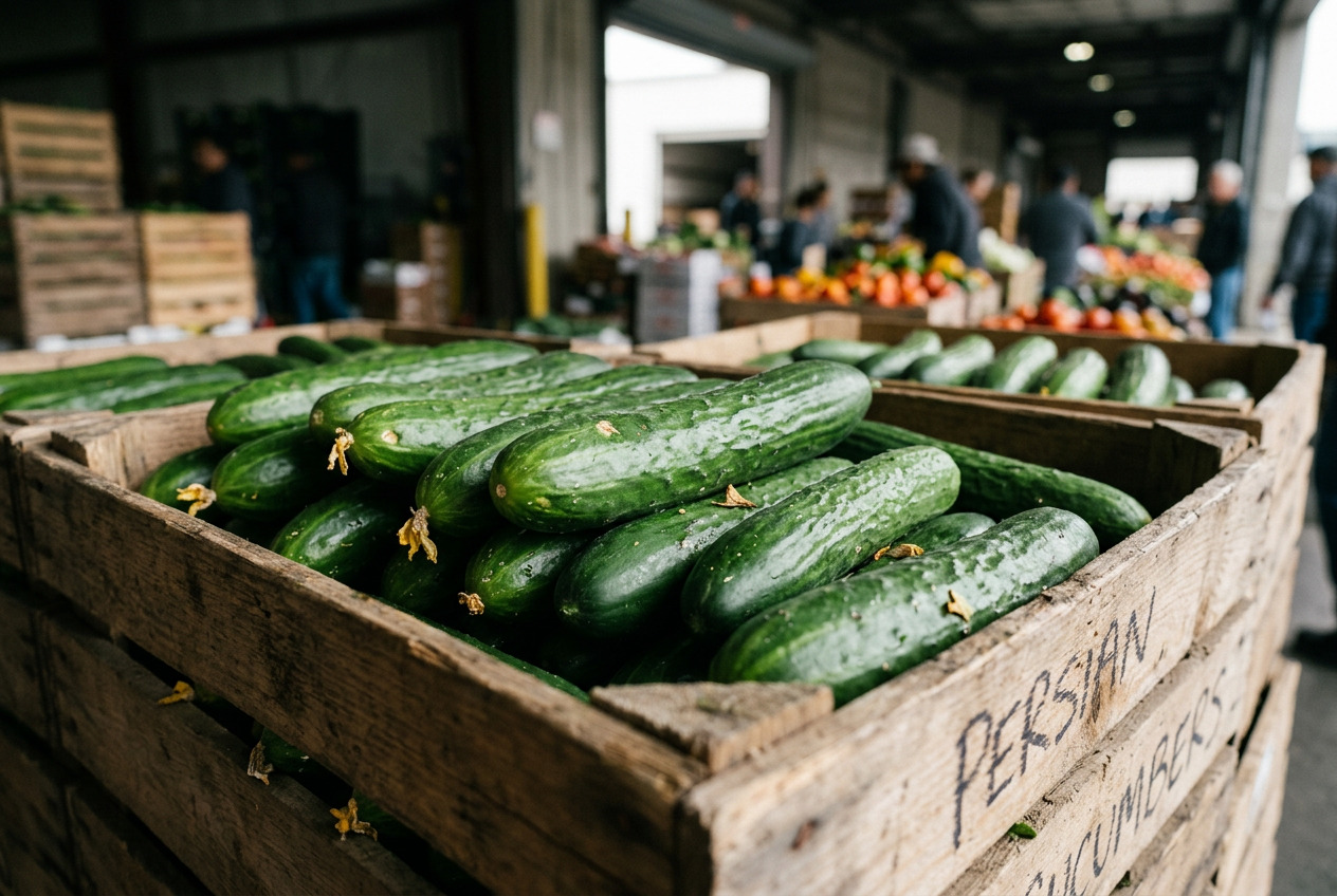 Persian cucumber freshness displayed through firm, vibrant green cucumbers arranged in a produce crate