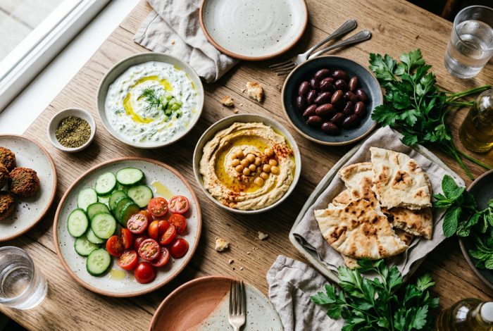 Fresh Persian cucumbers served with tzatziki, hummus, and traditional Mediterranean dishes